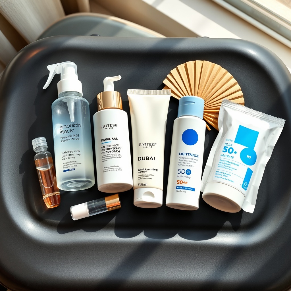 Flat‑lay of a travel skincare kit showing essential products for Dubai travel skincare tips, with desert‑inspired accents and a miniature Dubai skyline
