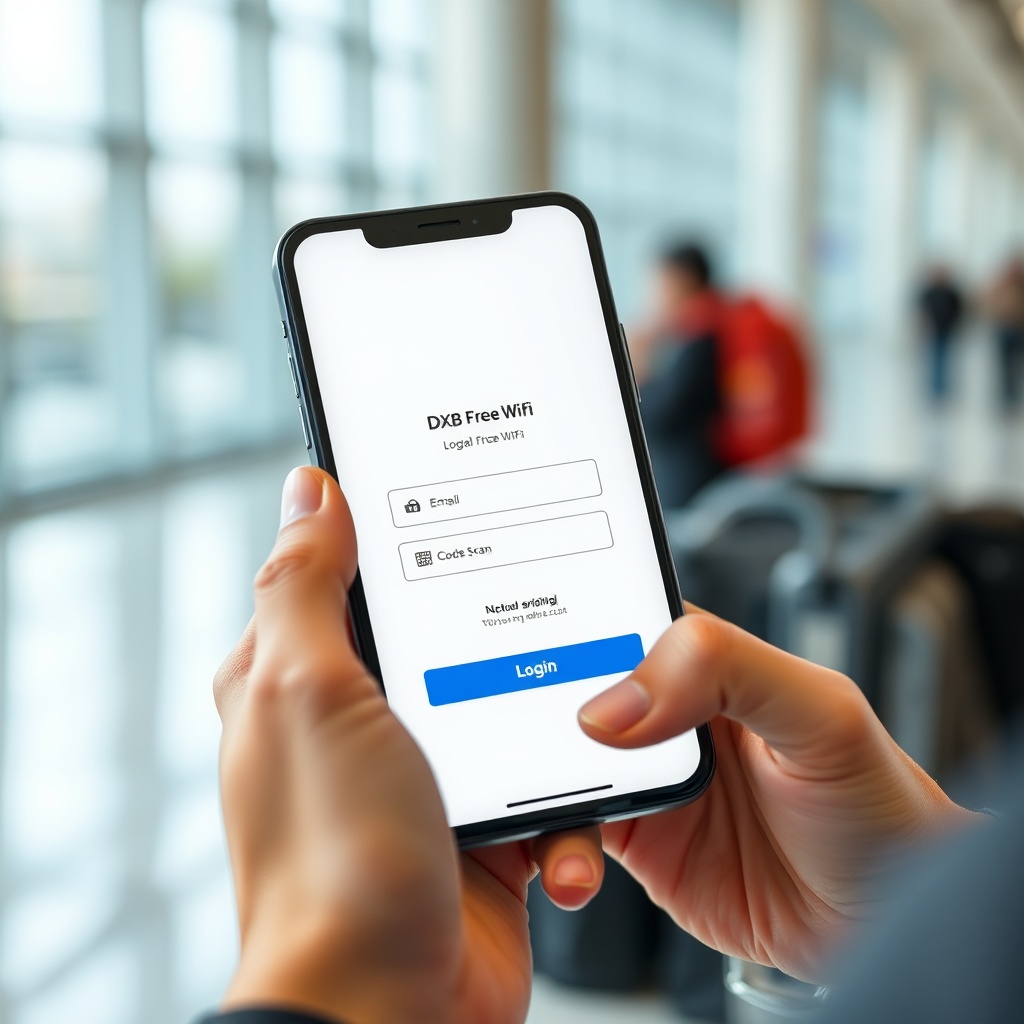 Close-up of smartphone screen displaying dubai airport free wifi login portal for easy traveler access