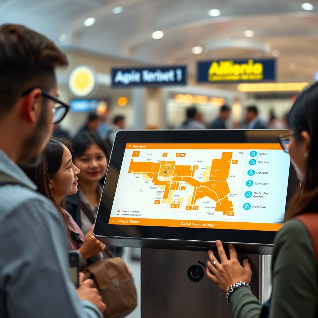 Interactive kiosk showing a Dubai Airport Terminal Map with highlighted routes and gate information in Terminal 1