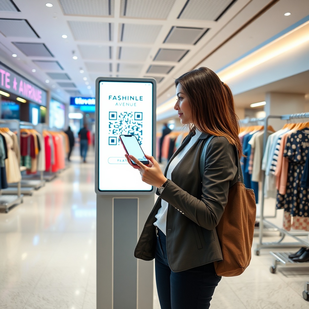Dubai Airport Shopping Guide traveler using the shopping app QR code in Terminal 1 Fashion Avenue