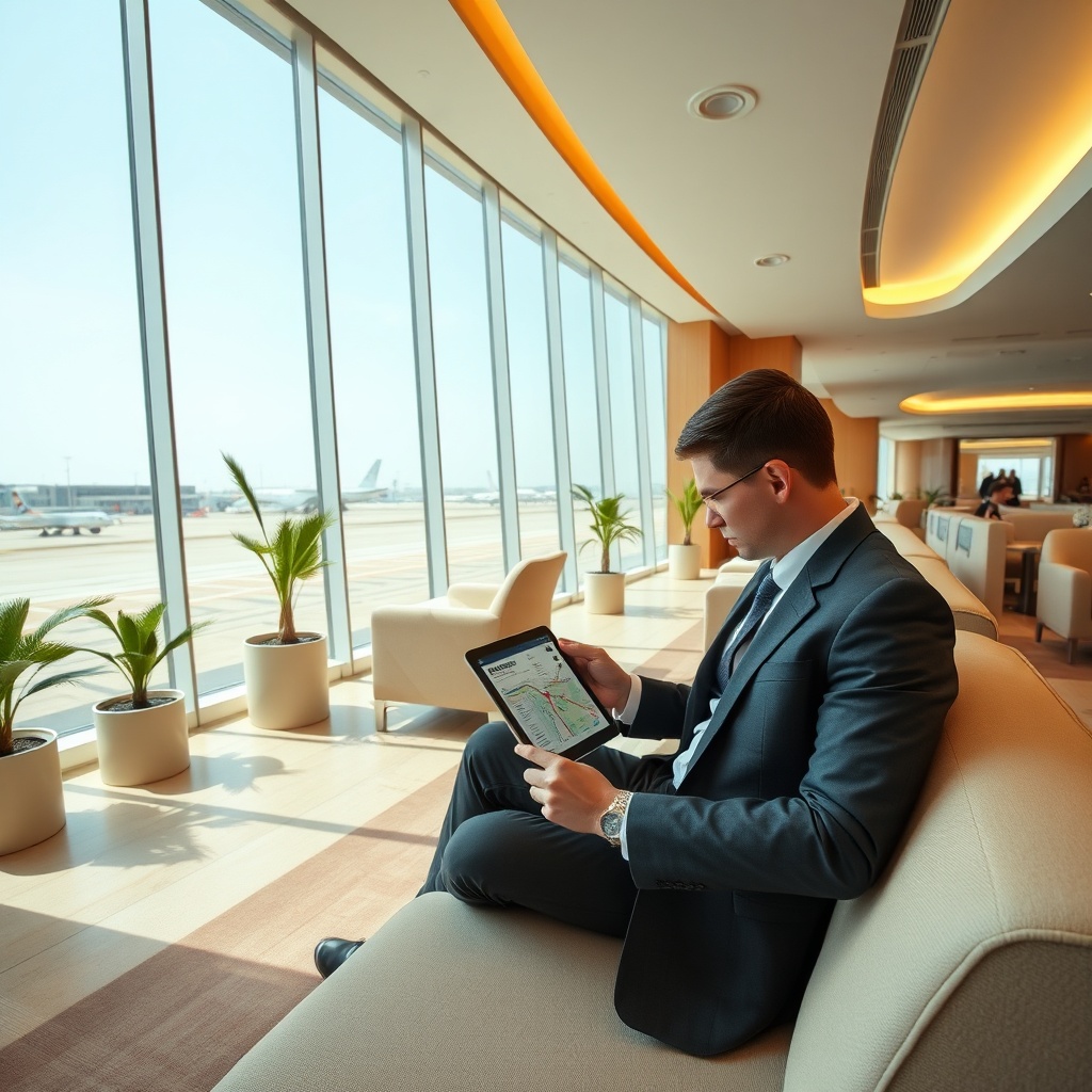 A serene Dubai International Airport transit lounge offering relaxation and transit guides, highlighting convenient things to do during layover in Dubai for short stopovers under five hours.