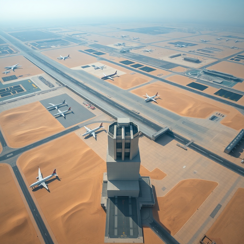 Spacious grounds of Al Maktoum International Airport (DWC) in Dubai South, providing a clear visual contrast when deciding between DXB vs Al Maktoum Airport based on destination and airline.