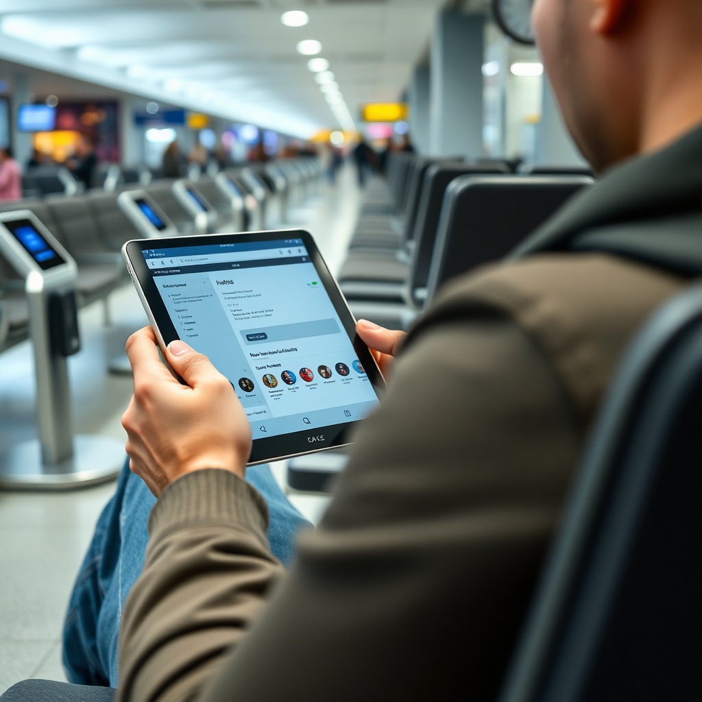 Passenger browsing emails and messages on tablet using dubai airport wifi while waiting for a flight in a modern terminal lounge