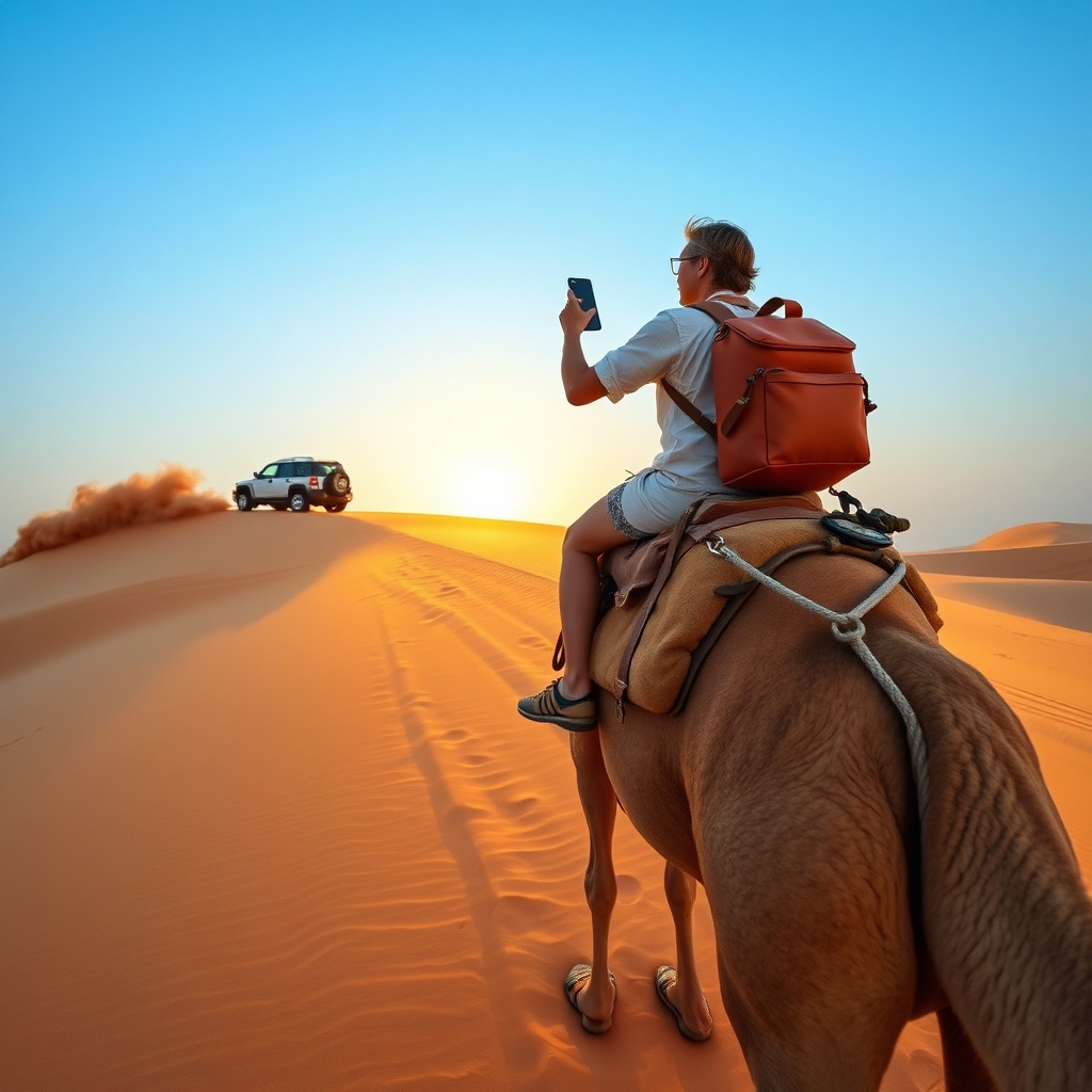 Traveler on camel during a Dubai stopover desert safari, with sand dunes and safari vehicles in background