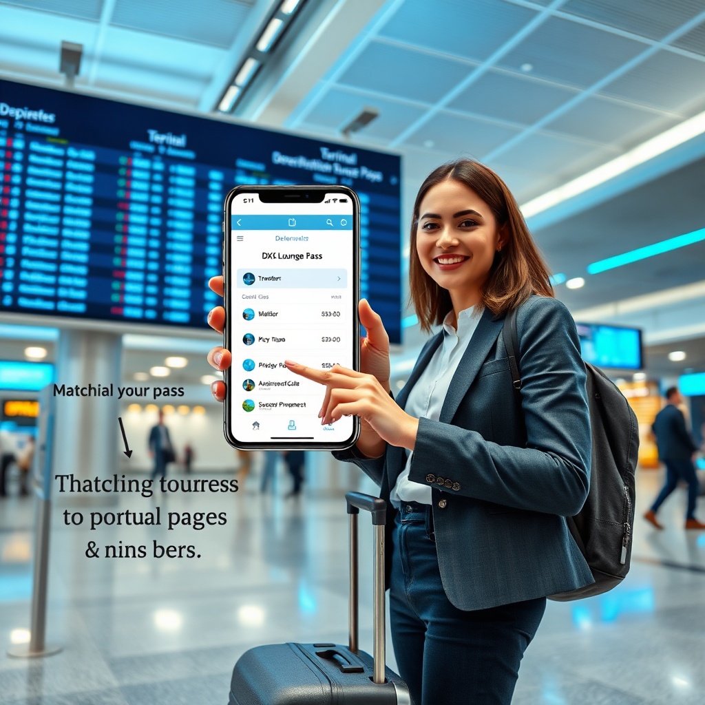 Smart traveler booking a DXB lounge pass economy option on a mobile app near a departure gate, highlighting advance reservations and terminal-specific access for budget flyers.