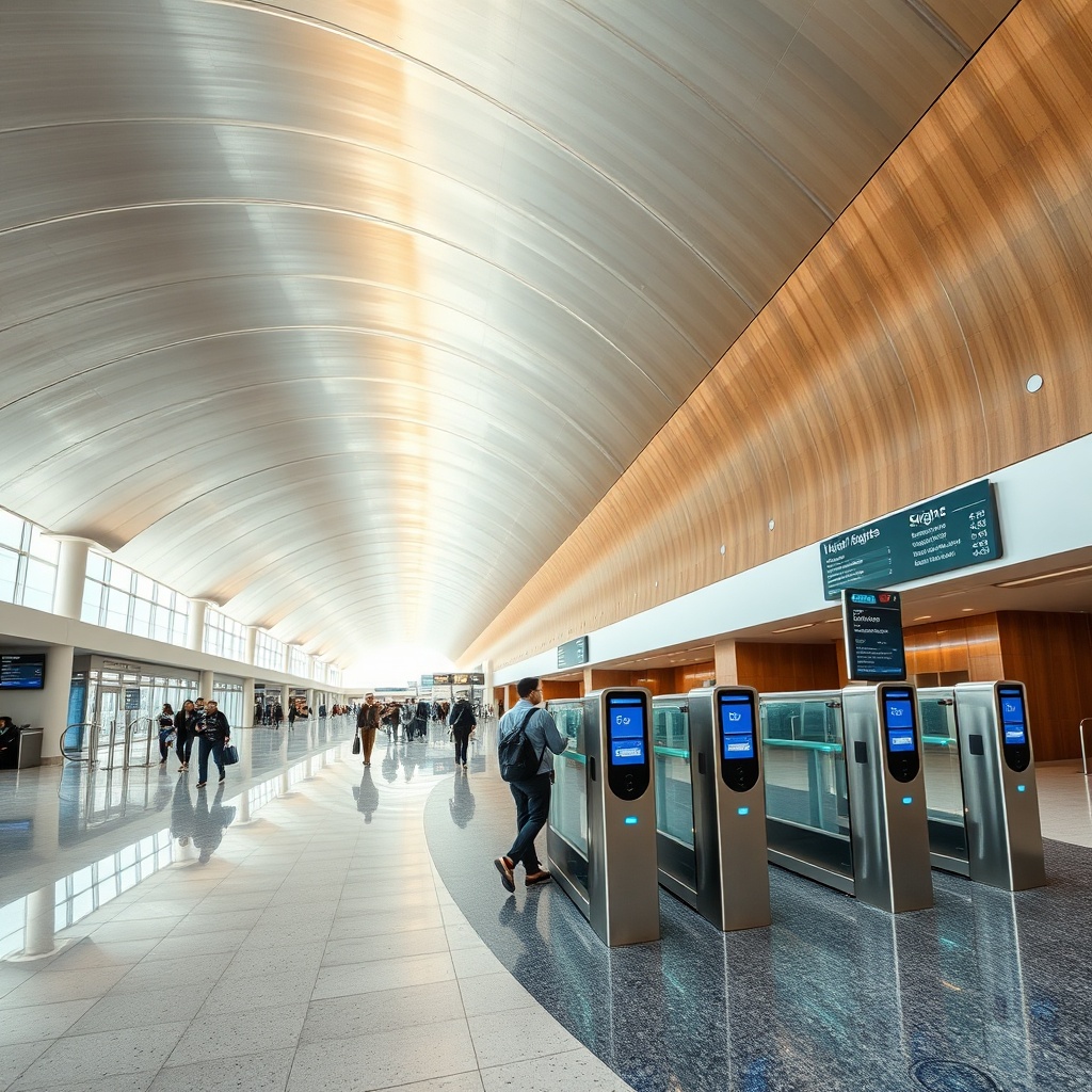 Spacious Dubai airport terminal interior showcasing automated biometric gates and intuitive digital wayfinding, highlighting the enhanced passenger experience and modernized infrastructure referenced in the DXB terminal 2026 overview.