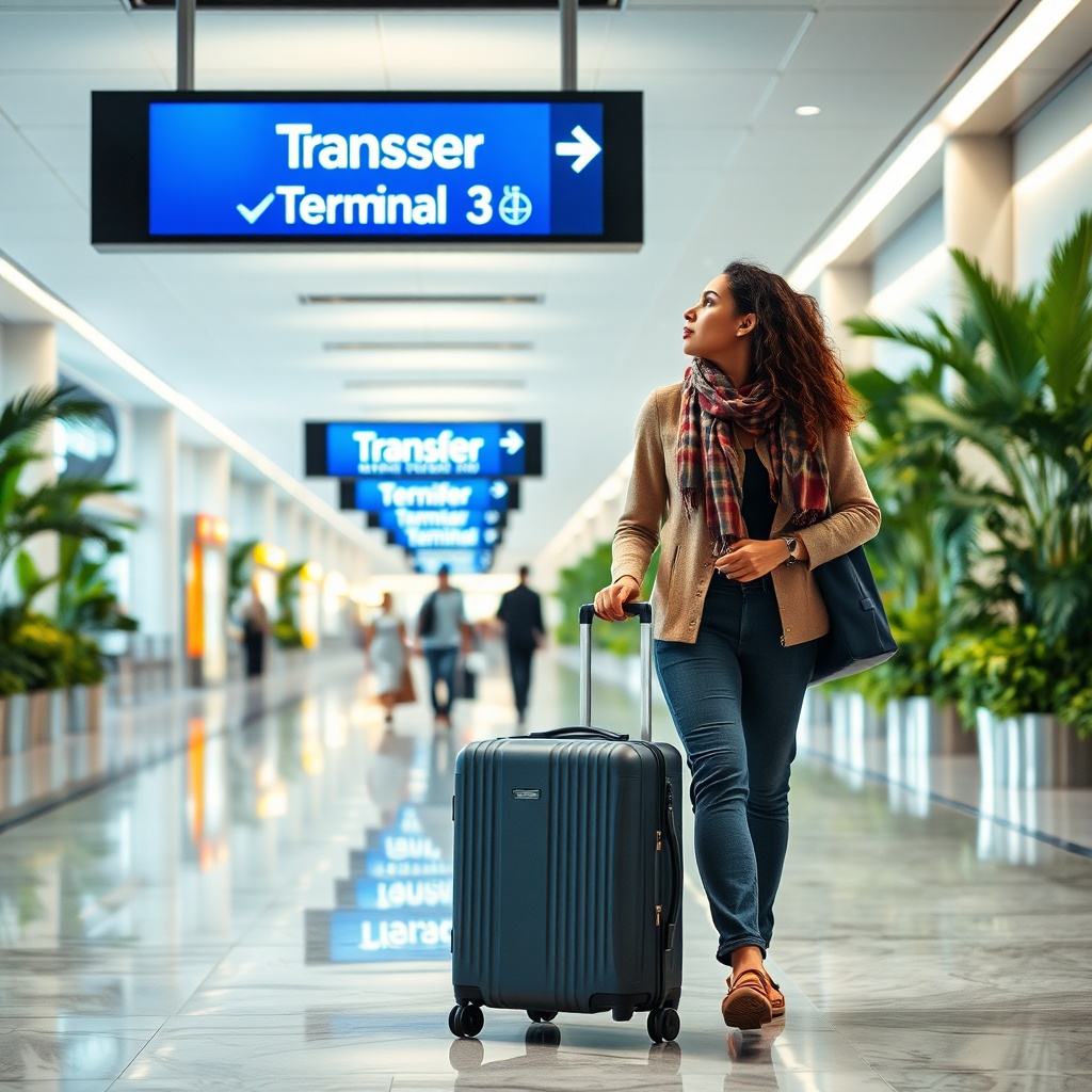 Passenger following overhead 'Transfer' signs through a bright airside corridor, illustrating the wayfinding process in the DXB terminal transfer guide to stay within the secure zone.