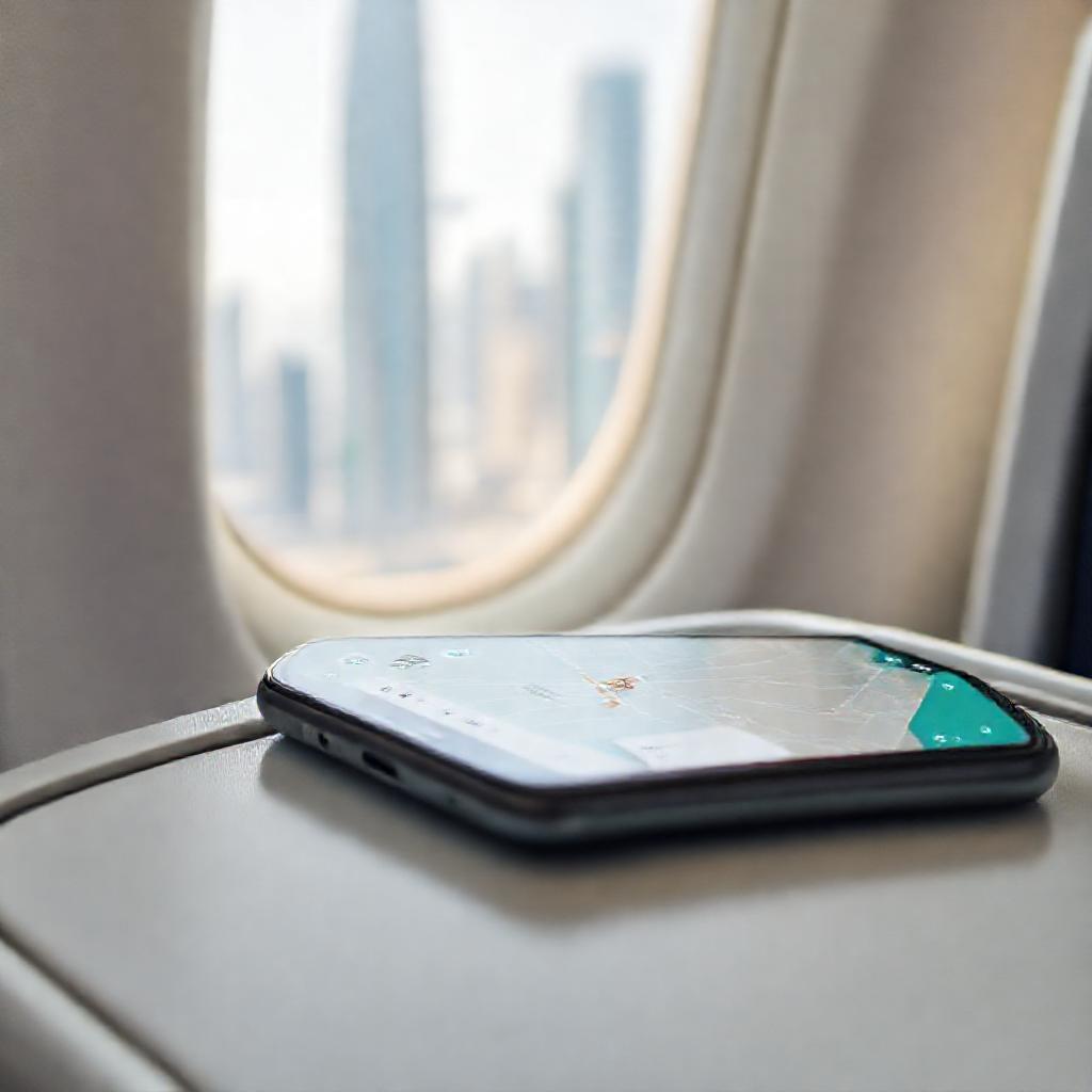 Navigating travel connectivity choices between DXB airport wifi vs esim, featuring a smartphone using GPS and ride-hailing apps in a modern airport lounge