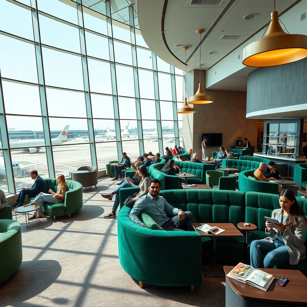 Diverse travelers relaxing and working while enjoying DXB lounge access without business class, highlighting complimentary dining, high-speed connectivity, and premium comfort in a modern Dubai airport terminal.