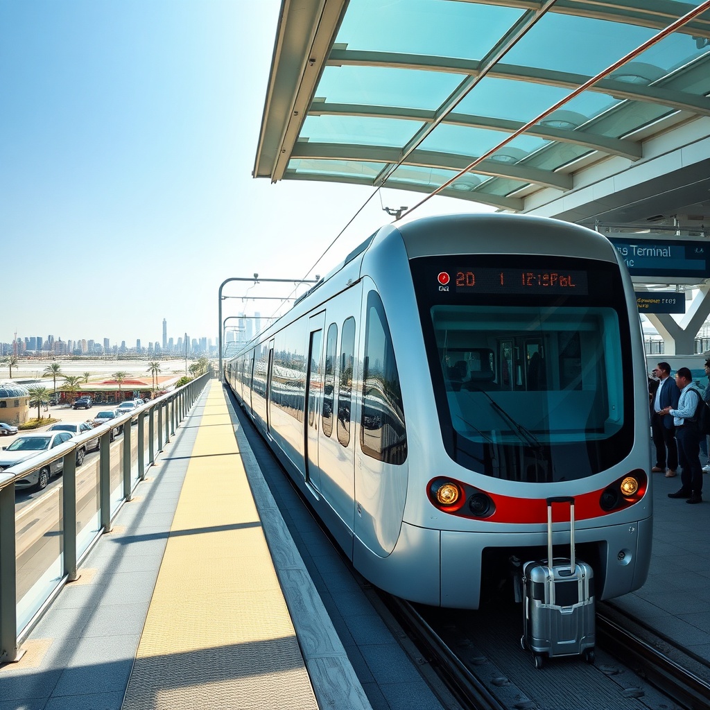 Dubai Metro Red Line train at airport station providing affordable Dubai airport transfer for travelers with luggage