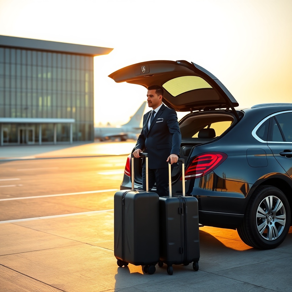 Professional chauffeur loading luggage into a luxury sedan outside Dubai International Airport, showcasing a comfortable and reliable DXB to Abu Dhabi transfer service.