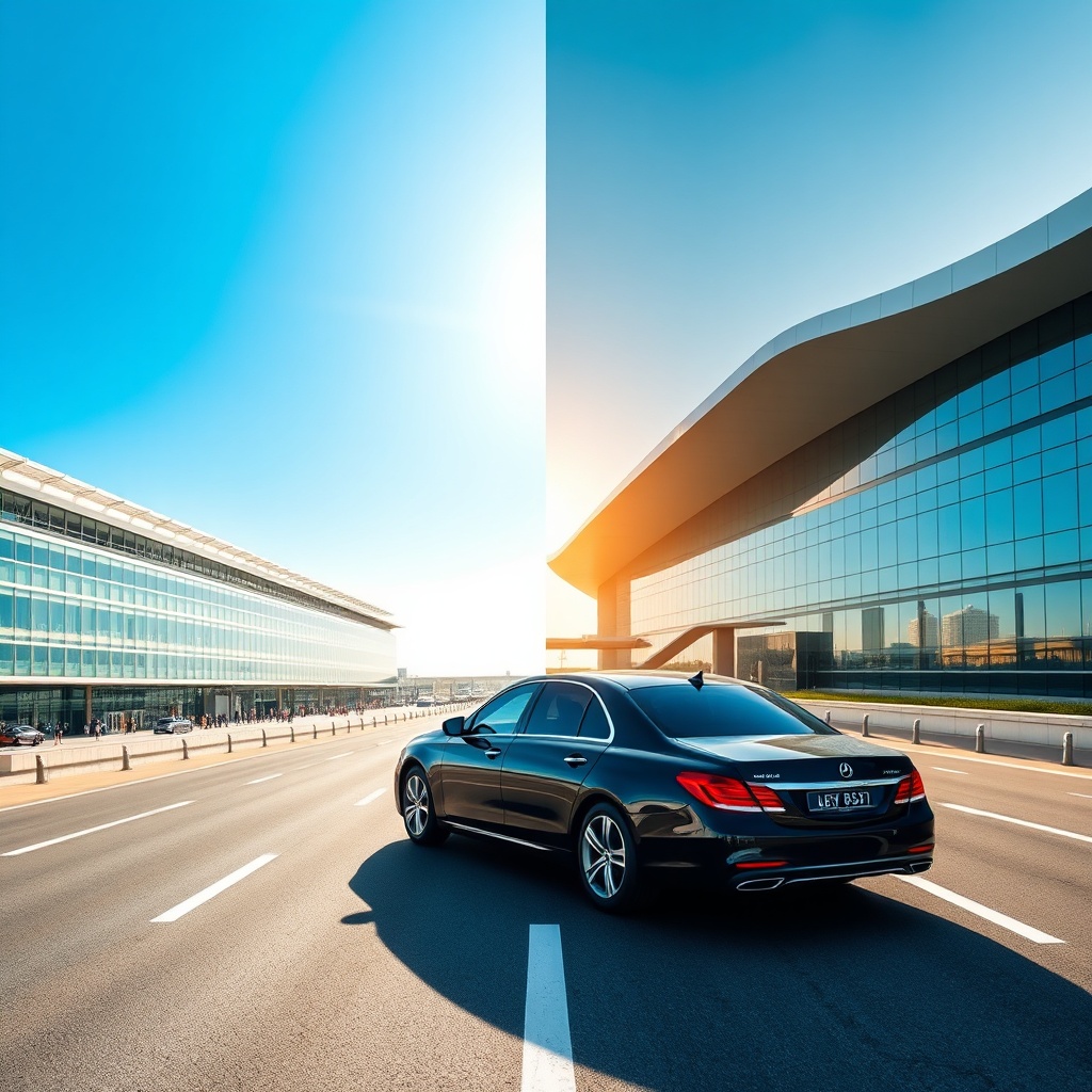 Split-screen comparison of Dubai International Airport and Abu Dhabi International Airport featuring a luxury private transfer vehicle, illustrating key factors for choosing the best DXB vs Abu Dhabi airport transfer based on destination geography.