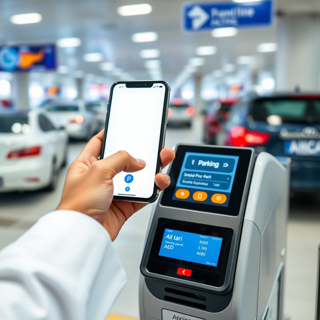 Driver using contactless payment for Dubai airport parking fees at exit gate.