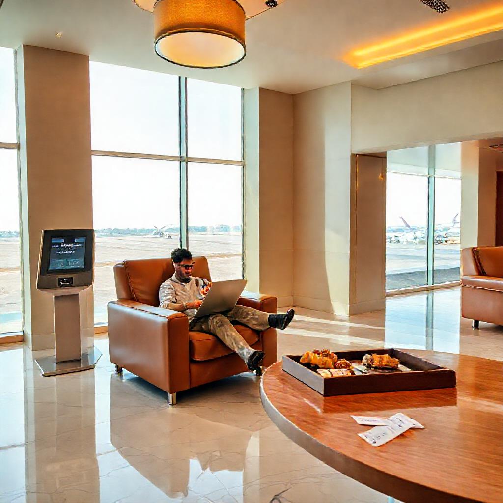 Relaxed economy traveler enjoying premium amenities with a DXB lounge pass economy ticket, seated in a quiet Dubai International Airport lounge featuring plush seating, gourmet refreshments, and verified access credentials.