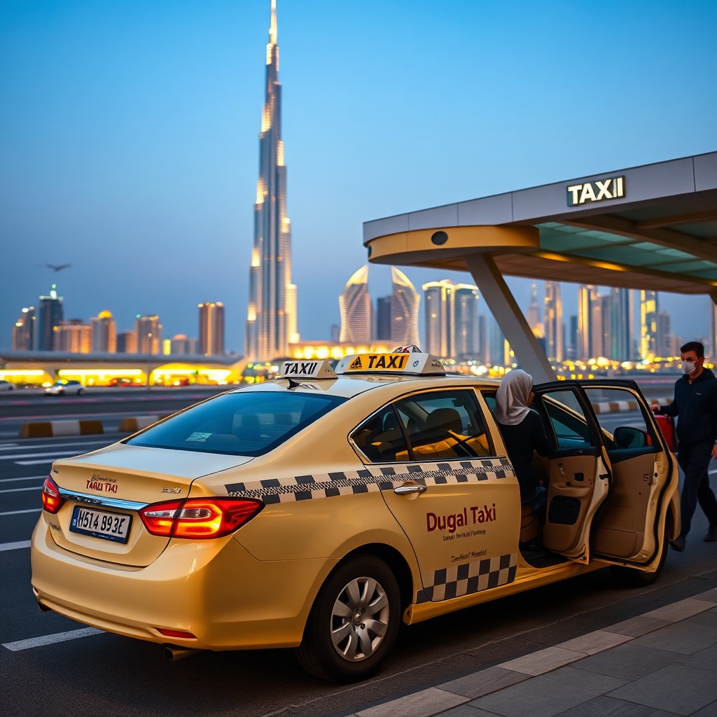 Dubai taxi at airport terminal ready for passengers choosing taxi vs metro from DXB to city center for convenience