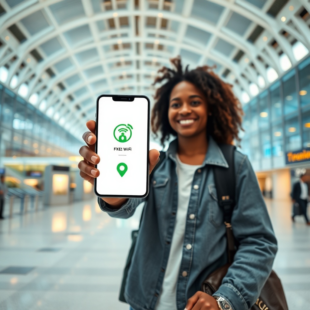 Traveler successfully connecting to dubai airport wifi using smartphone at DXB terminal showing free wireless internet access portal