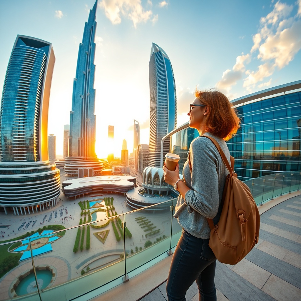 A traveler enjoying panoramic views of the Burj Khalifa and Dubai Mall, illustrating top things to do during layover in Dubai for passengers with ample time between connecting flights.