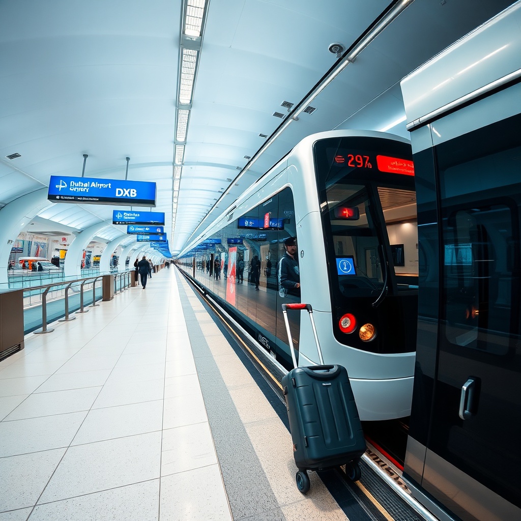 Efficient DXB to city center transfer via the Dubai Metro Red Line, showcasing fast public transit with clear destination signage and comfortable passenger carriages.