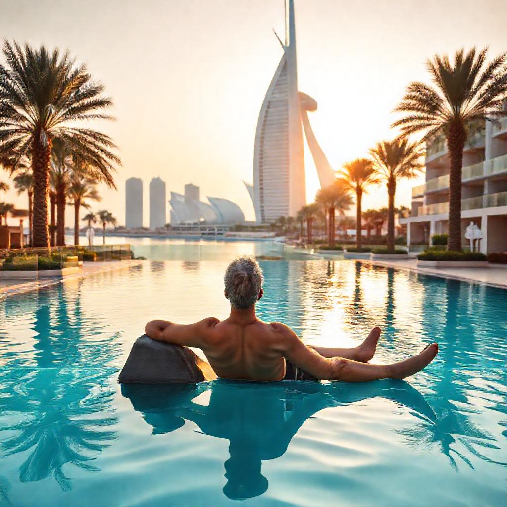 Traveler relaxing at a luxury Dubai resort overlooking the marina skyline, showcasing the convenience of the emirates stopover program for extended transit breaks and discounted hotel stays.