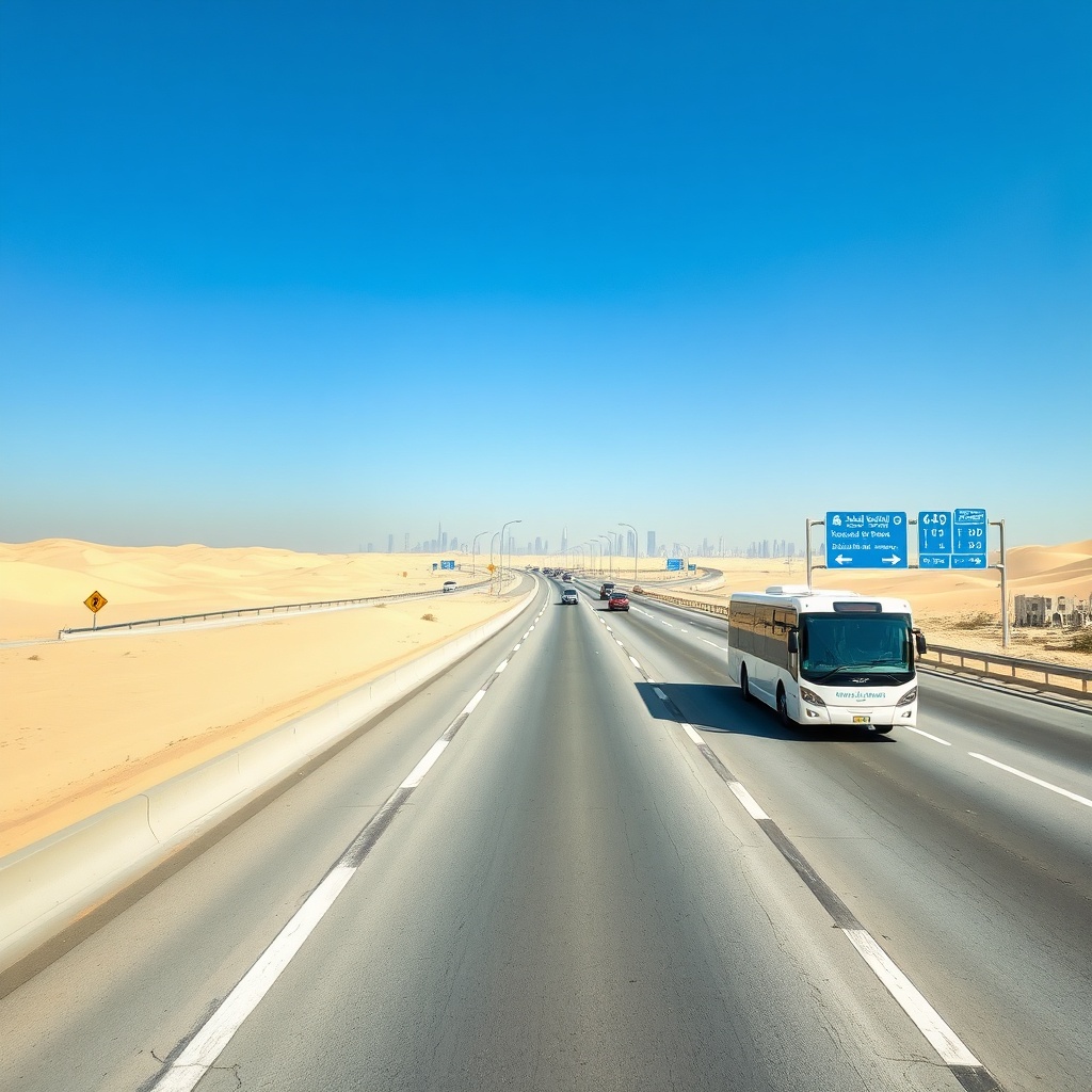 Sun-drenched highway corridor with clear road signage and steady traffic, representing an efficient and budget-friendly DXB to Abu Dhabi transfer route.