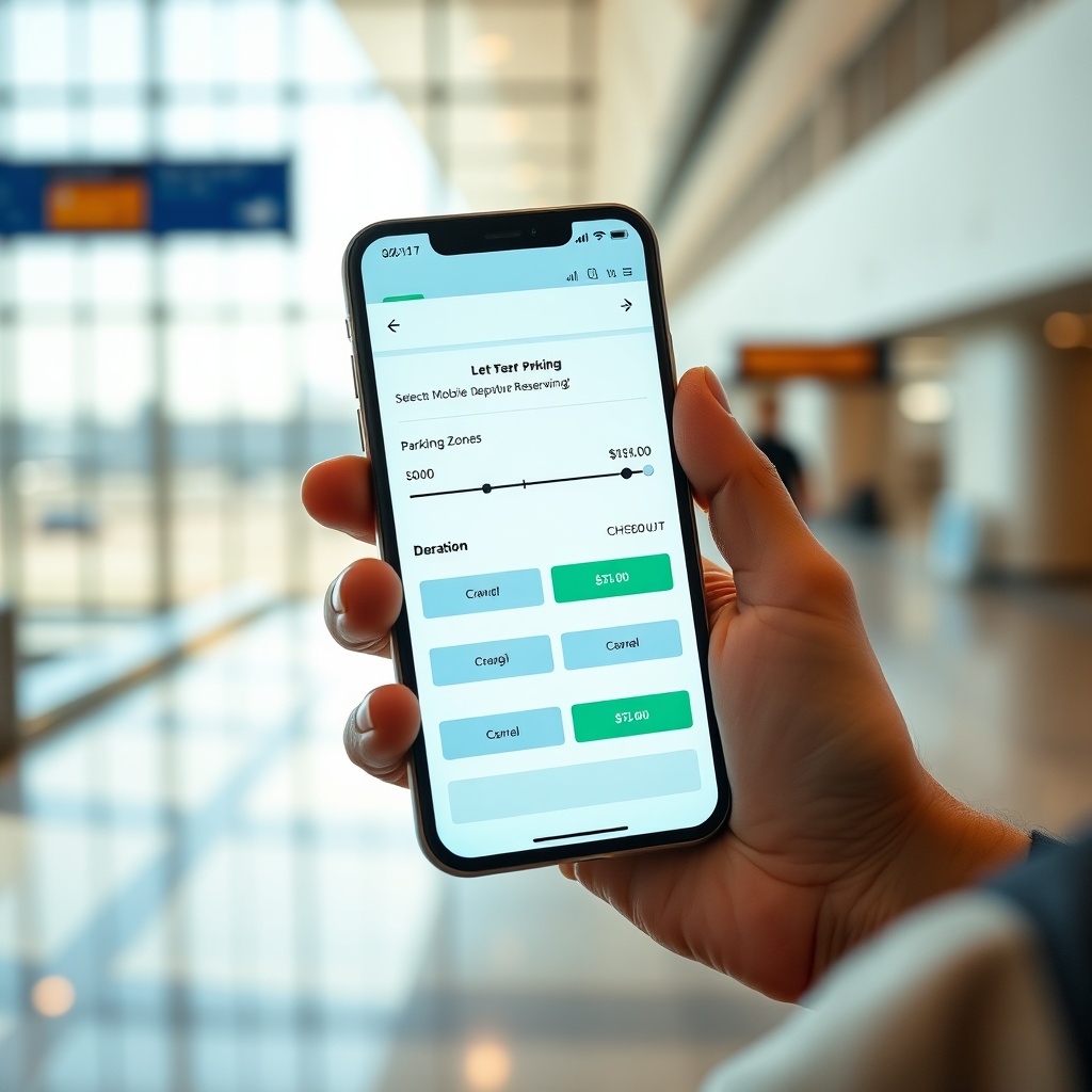 Mobile booking application showcasing advance parking reservations, demonstrating how pre-booking helps drivers save money and navigate airport parking charges efficiently.
