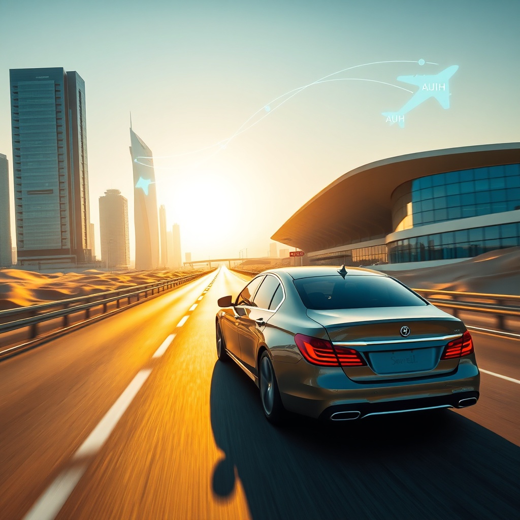Seamless DXB vs AUH airport transfer route showcasing fast private car travel along Sheikh Zayed Road between Dubai and Abu Dhabi terminals