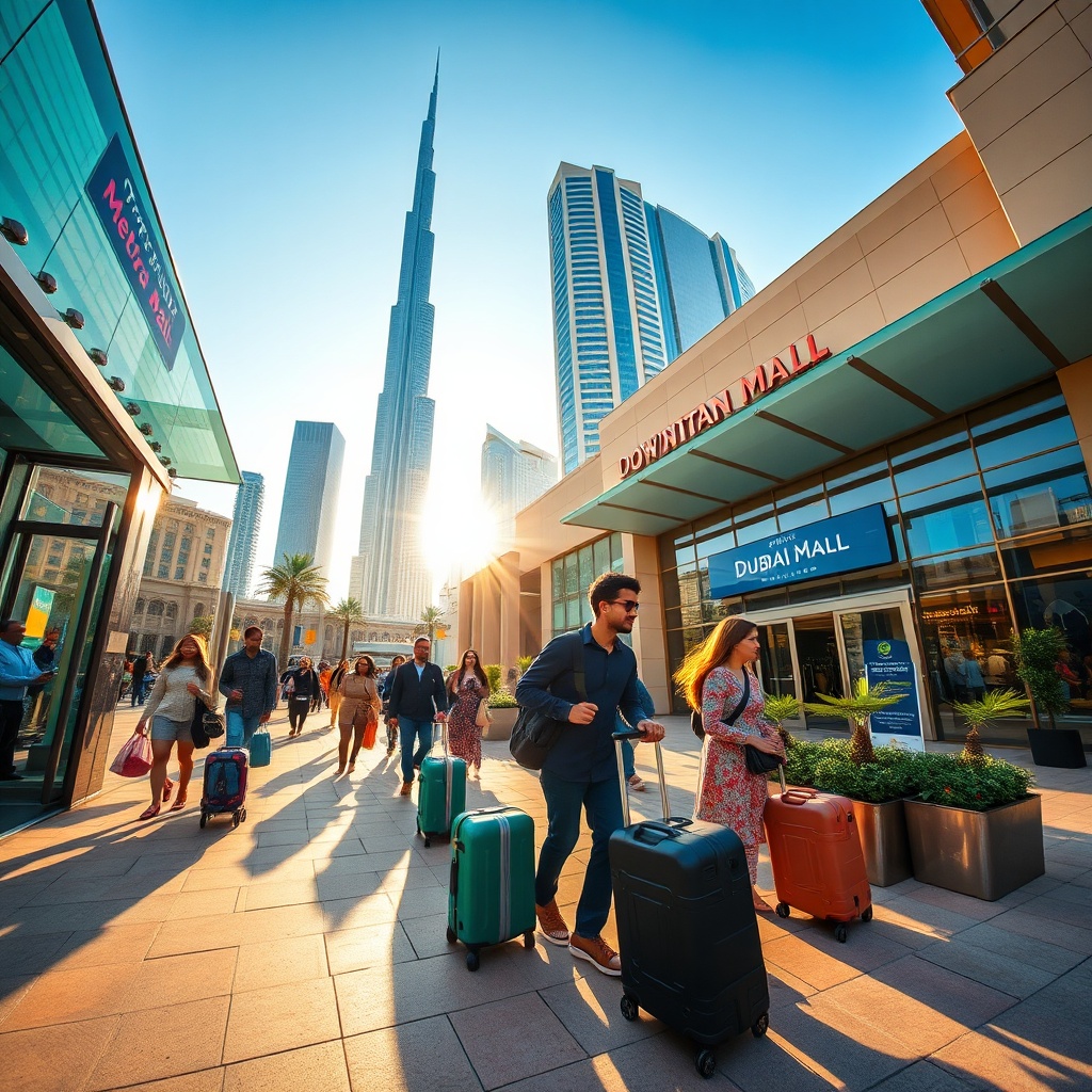 Group of travelers walking toward Burj Khalifa after riding the metro, highlighting the cheapest transport from DXB to Downtown Dubai for budget-conscious visitors