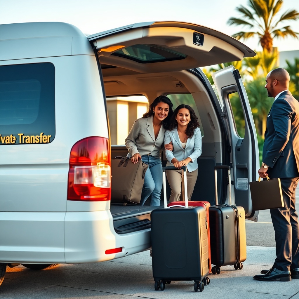 Happy family boarding a private transfer vehicle at the airport curb, showcasing convenient and reliable DXB vs Abu Dhabi airport transfer services for travelers seeking door-to-door convenience.