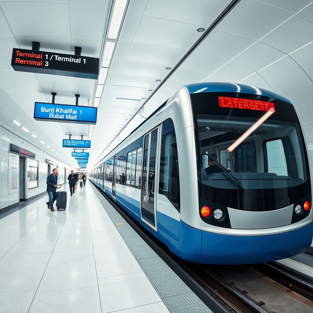 Sleek Dubai Metro Red Line train departing from DXB terminals, providing the cheapest transport from DXB to Downtown Dubai with direct access to Burj Khalifa and Dubai Mall stations