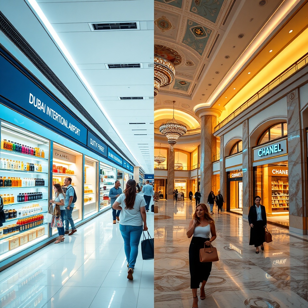 Dubai airport duty free vs downtown shopping comparison showing a bright duty-free store with perfumes and gold contrasted against a luxurious Dubai Mall boutique with marble floors and warm lighting