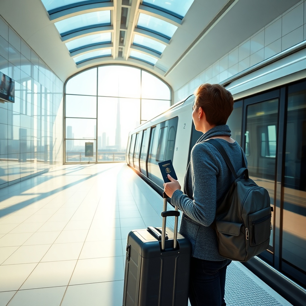 Traveler with carry-on luggage navigating the Dubai Metro toward city landmarks, illustrating practical transportation strategies for things to do in Dubai during layover while maximizing limited transit windows.