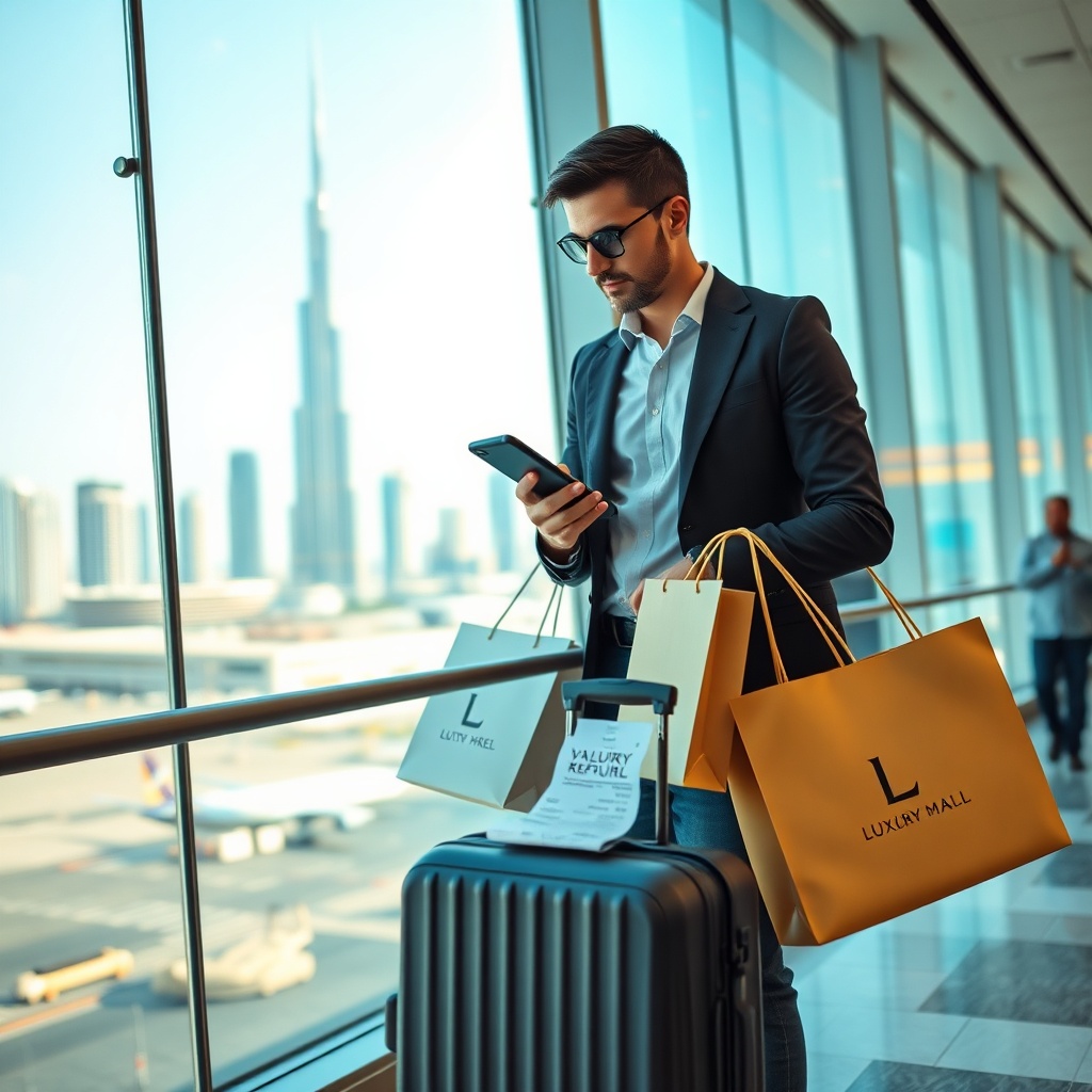 Traveler comparing Dubai airport duty free vs downtown prices on a smartphone with shopping bags and a VAT refund receipt, Burj Khalifa visible through the airport window