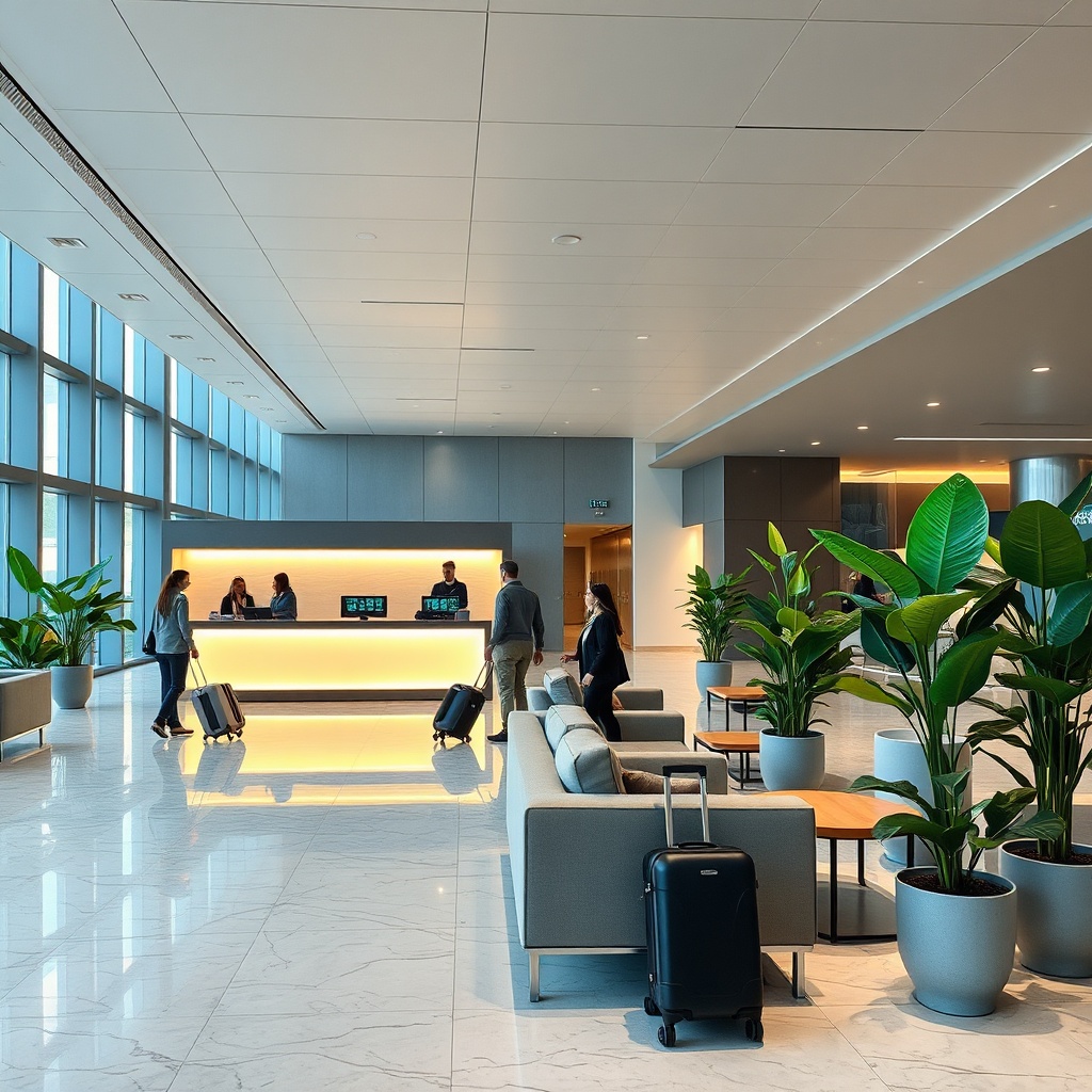 Modern check-in lounge and reception area at dubai airport transit hotels providing hassle-free airside accommodations for transit passengers