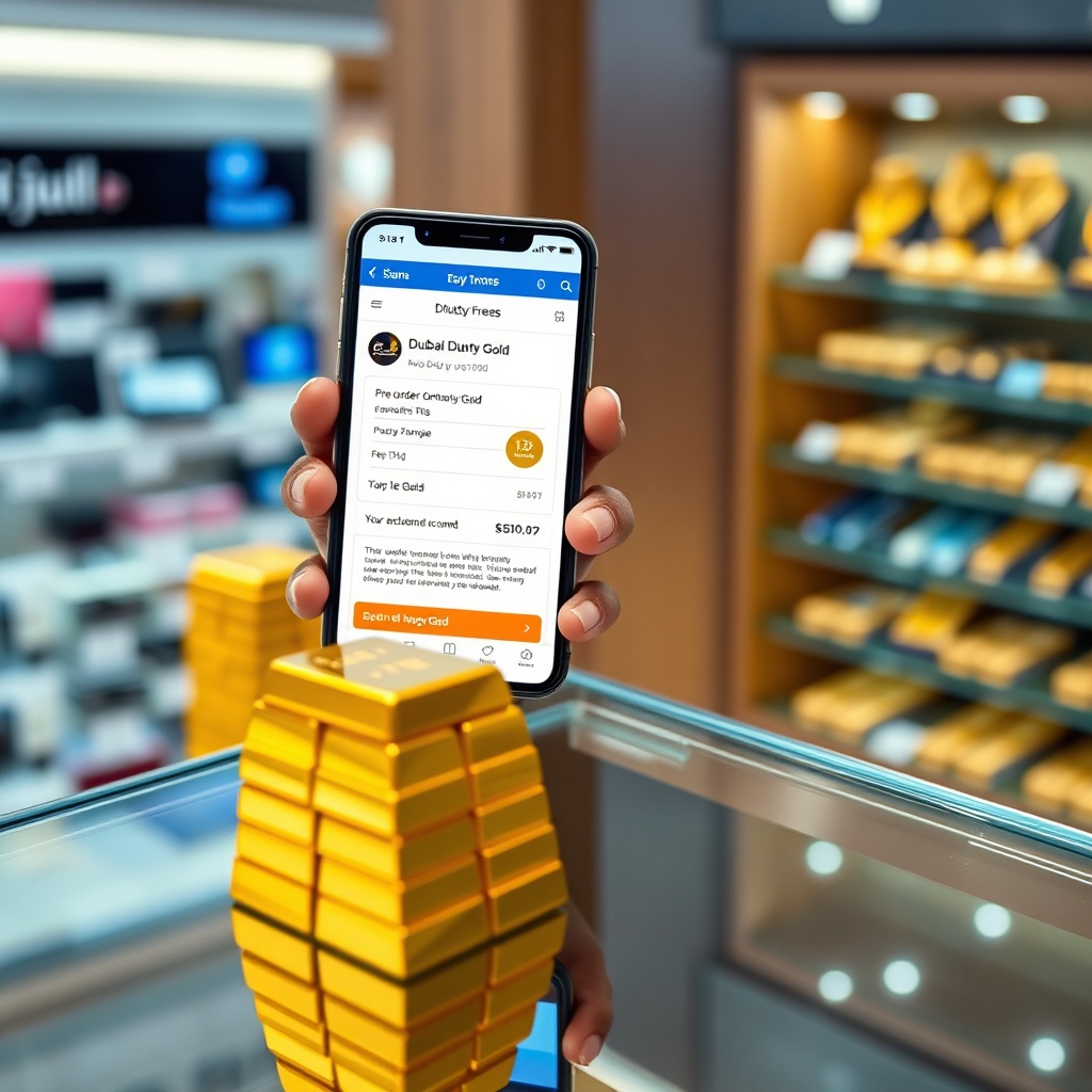 Traveler using the Dubai Duty Free app to pre-order items during Dubai Airport duty free shopping, with gold bars and luxury goods visible nearby