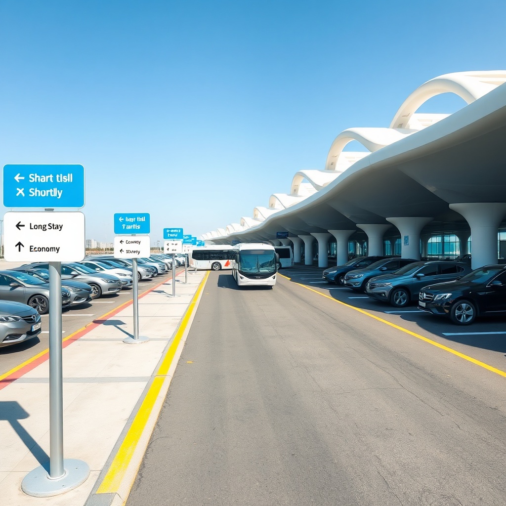 Color-coded parking zone signage and digital fee boards at a major UAE terminal, helping travelers compare dubai airport parking rates 2026 before arrival.
