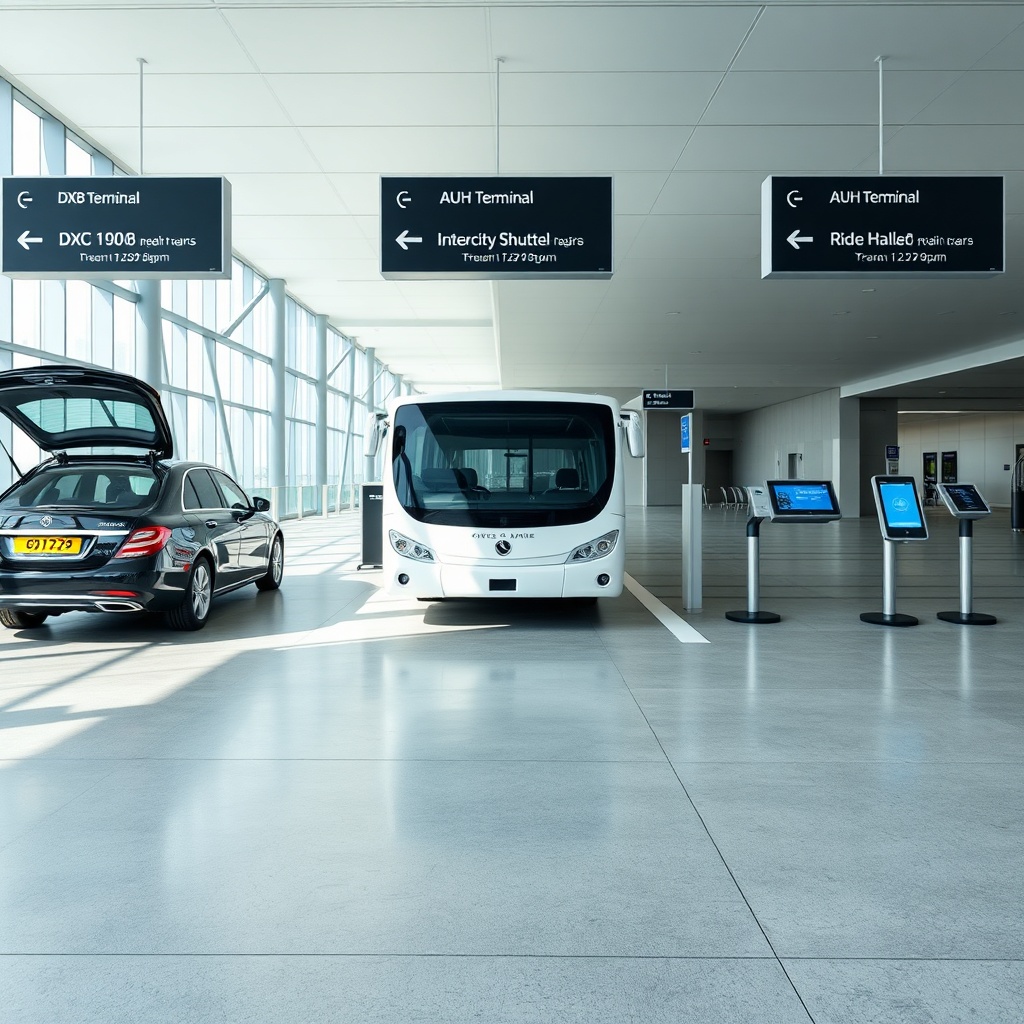 Travelers comparing DXB vs AUH airport transfer options including private cars, taxis, and shuttle buses at UAE arrival zones