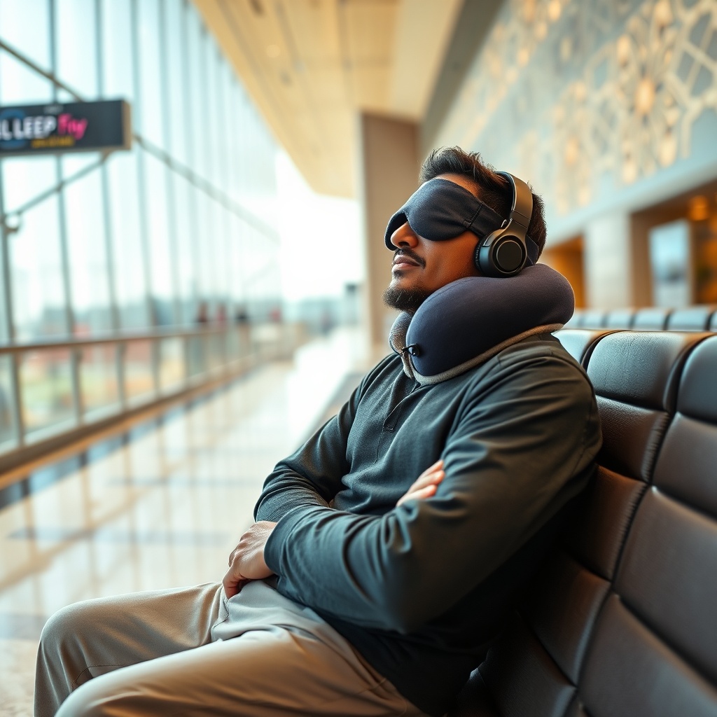 Traveler using a neck pillow and sleep mask in a quiet terminal area, illustrating practical tips for sleeping at Dubai Airport during a long layover.