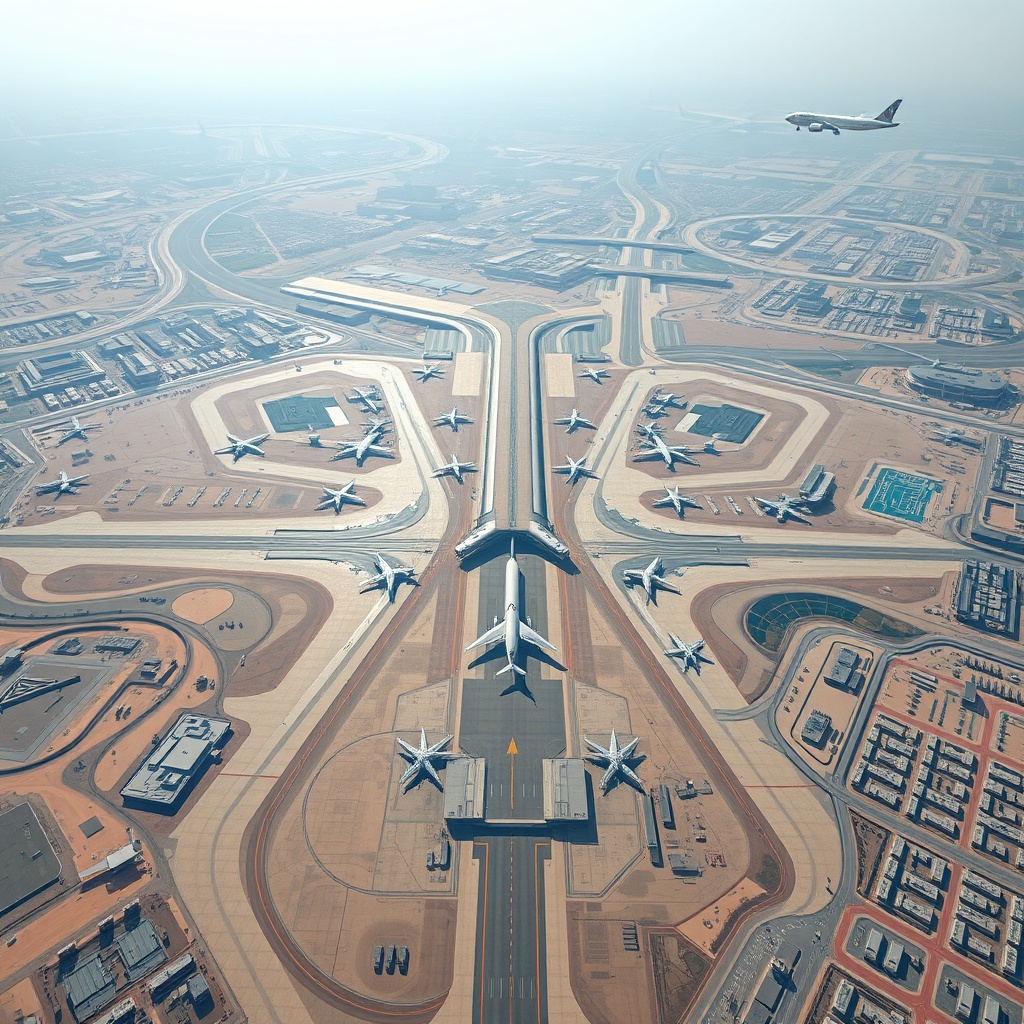 Comprehensive aerial view of Al Maktoum Airport's infrastructure development, illustrating the phased expansion and urban connectivity essential for Al Maktoum airport replacing DXB and cementing Dubai's position as a leading global transit hub.