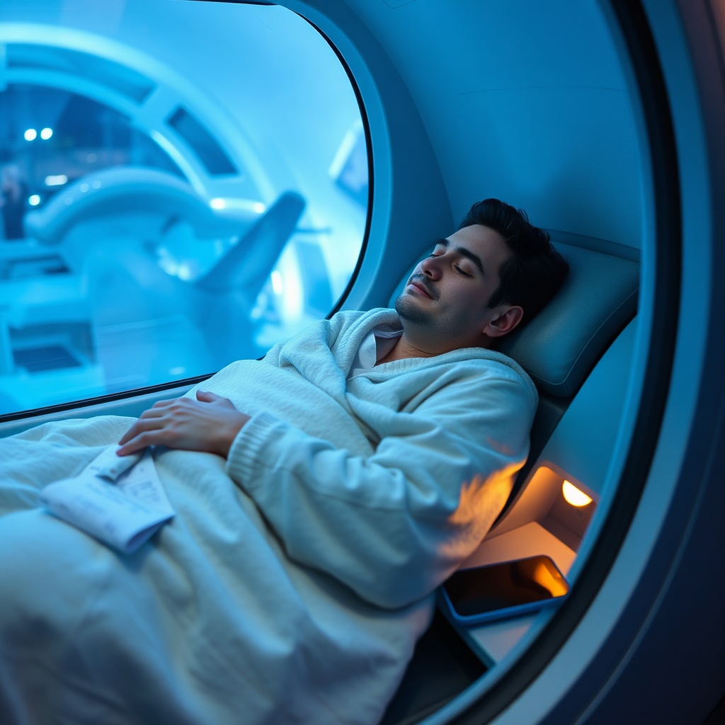 Passenger resting in a sleep pod at Dubai airport during a long stopover, ideal for a 12 hour layover DXB rest strategy.