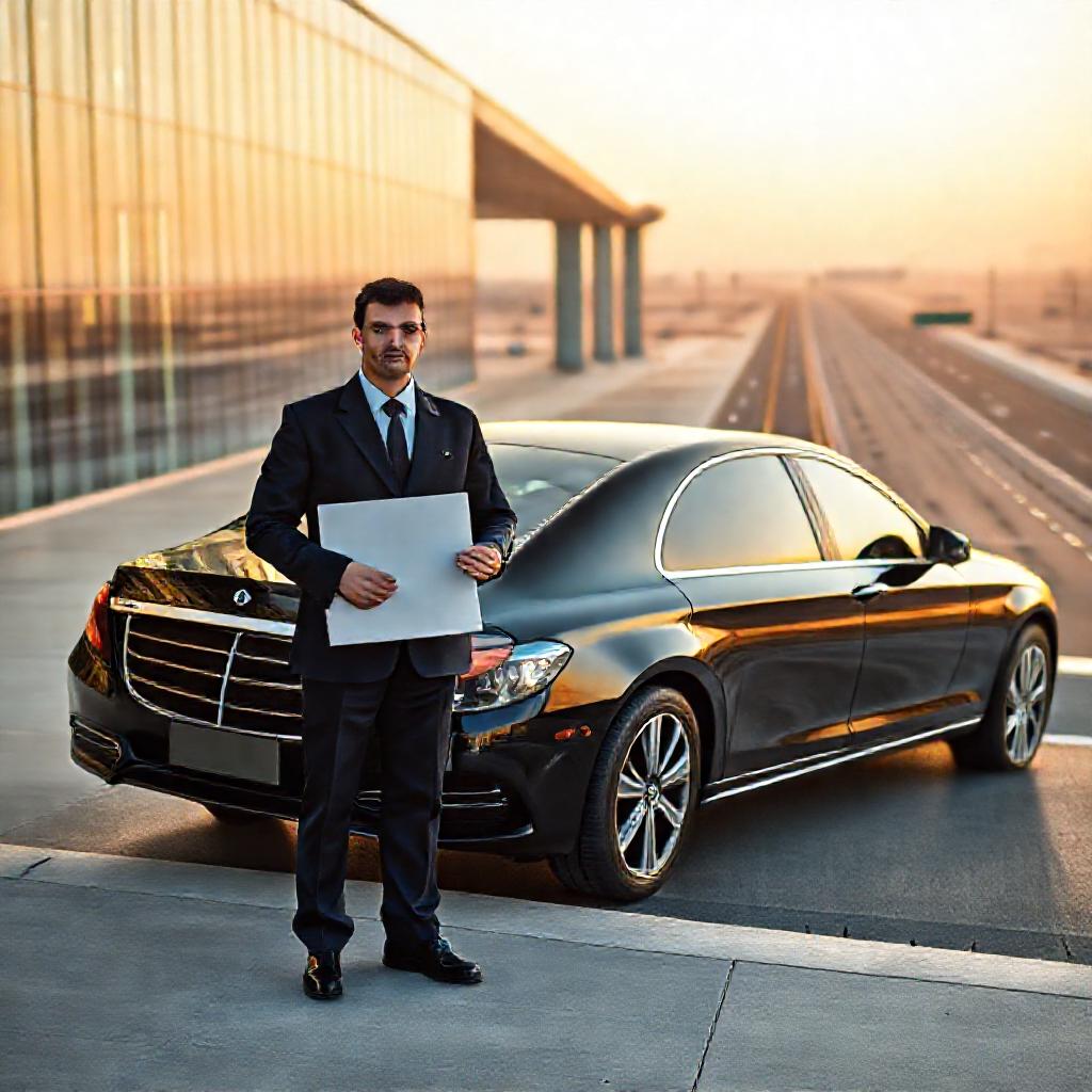 Professional chauffeur waiting at Dubai airport with a luxury sedan ready for a seamless DXB to Abu Dhabi transfer along the coastal highway
