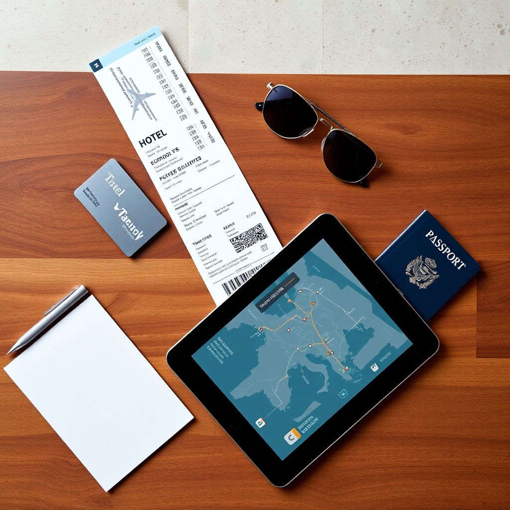 Carefully arranged travel documents and digital itinerary on a modern desk, demonstrating the straightforward booking experience for the emirates stopover program and integrated dubai transit accommodations.