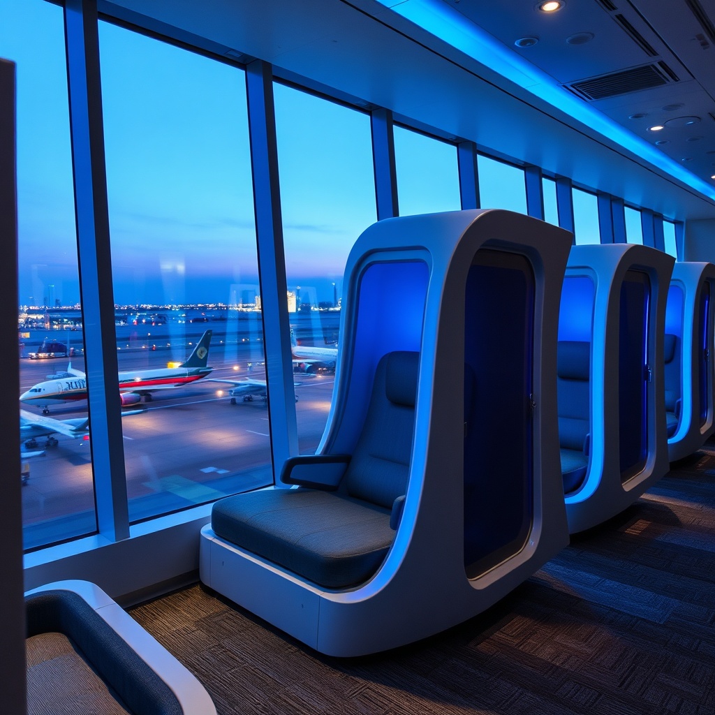 Modern sleep pods and lounge seating offering comfortable accommodations for passengers planning to sleep at Dubai Airport overnight.