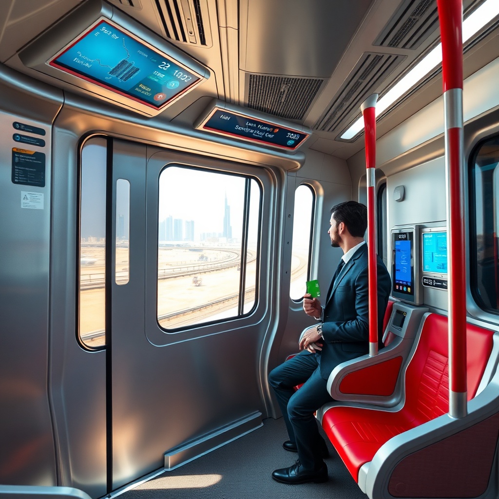 Comfortable journey aboard the dubai metro from dxp red line, featuring a spacious driverless carriage, digital information screens, and a traveler using a Nol card validator en route to the city center.