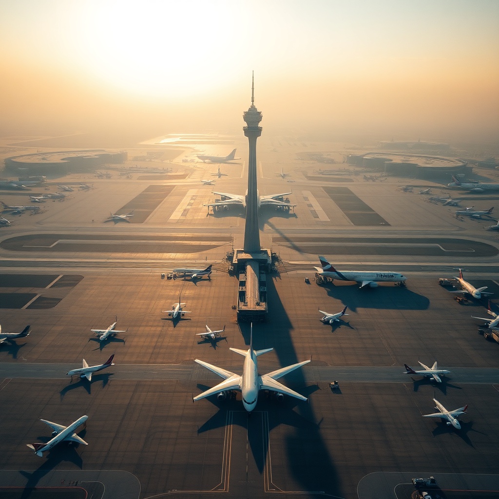 Aerial view of Dubai International Airport displaying three connected passenger terminals and active ground operations, providing essential spatial context for navigating the DXB terminal 2026 network.