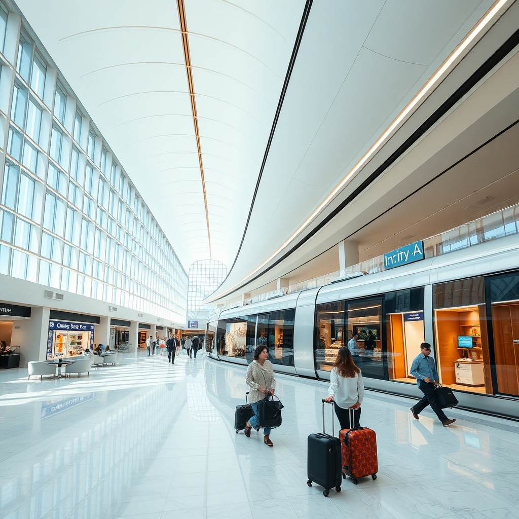 Airy interior concourse of dubai airport terminal 3 featuring the automated people mover train, upscale shopping lounges, and streamlined passenger pathways.