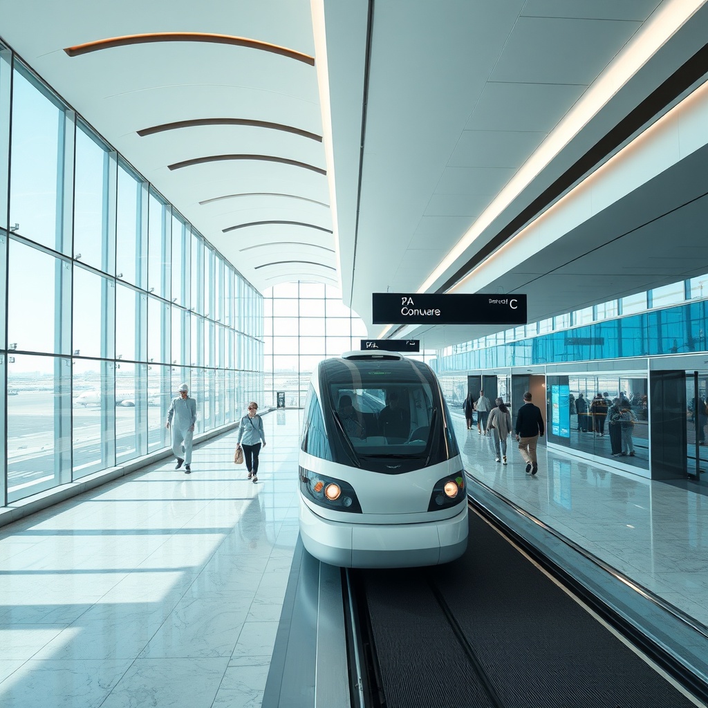 Bright interior concourse of dubai airport terminal 3 featuring the automated people mover train and clear directional signage for seamless gate navigation.