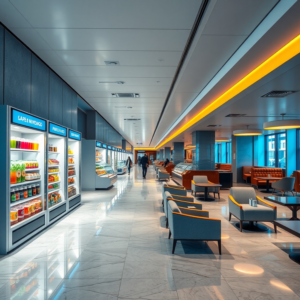 A modern post-security dining walkway showcasing dubai airport restaurants that blend rapid counter service with comfortable sit-down venues for optimal traveler convenience.