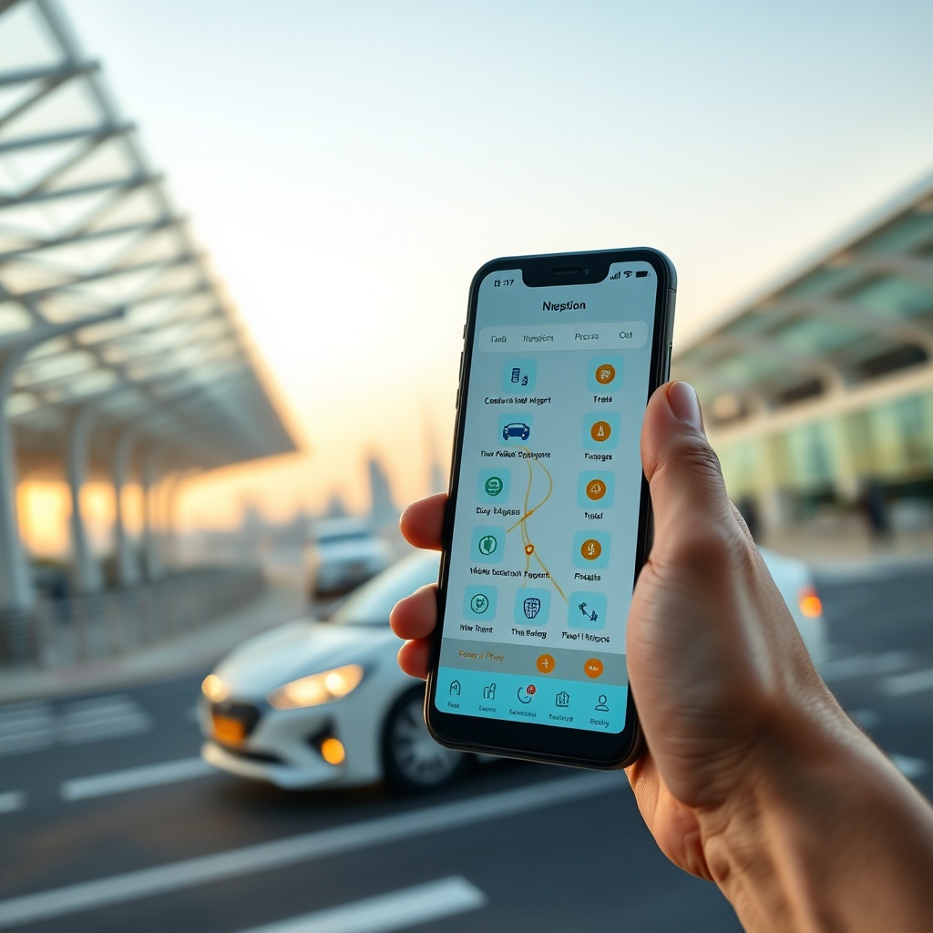 Smartphone displaying multiple booking platforms alongside a licensed dxb cab, illustrating flexible airport transfer choices for international visitors.