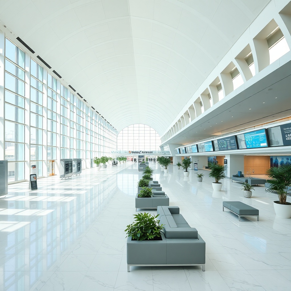 Bright interior concourse of Dubai Airport Terminal 3 showcasing efficient passenger flow, modern wayfinding systems, and premium travel amenities.