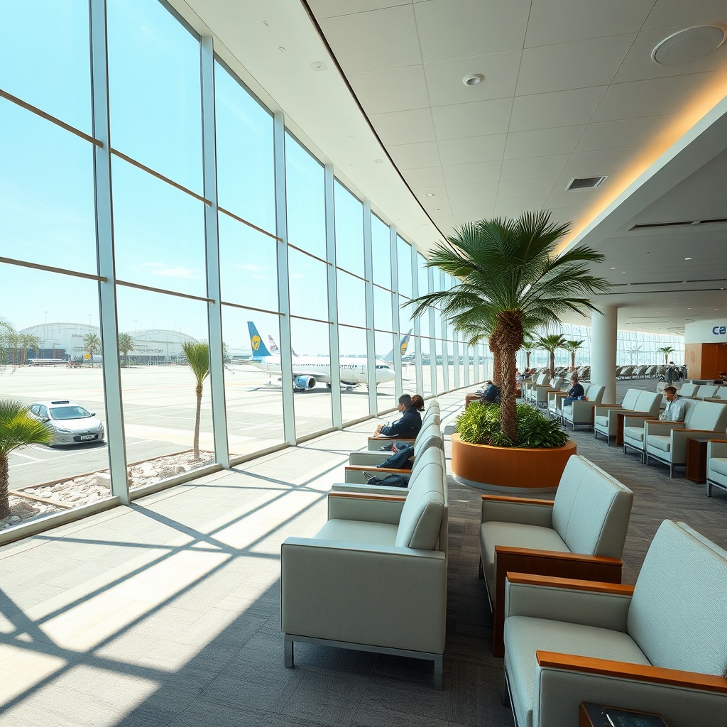 Passengers waiting at a sunlit gate overlooking aircraft, highlighting the seamless post-security experience of dubai airport departures.